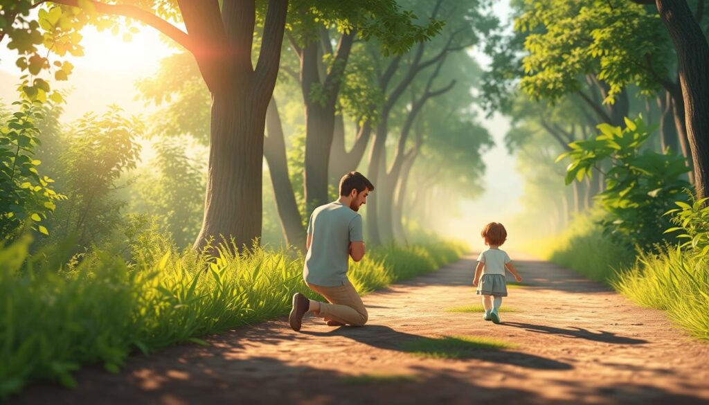 A serene inner child healing journey depicted as a tranquil forest pathway. In the foreground, a figure of an adult wearing modest casual clothing kneels, gently holding a small child's hand, symbolizing connection and healing. The middle ground features lush greenery, soft sunlight filtering through the leaves, creating a warm and inviting atmosphere. In the background, a soft, glowing light suggests a sense of hope and renewal, with gentle mountains peeking through a mist. The scene conveys peace, compassion, and self-discovery, inviting viewers to reflect on their own healing. The image is captured with a soft focus lens, enhancing the gentle ambiance and emotional resonance. nextself.ai