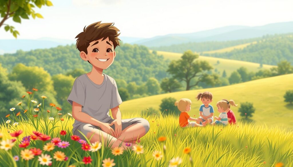 A serene outdoor scene depicting the concept of "healing the inner child." In the foreground, a young person, dressed in modest casual clothing, sits on a grassy hill, surrounded by vibrant wildflowers, symbolizing innocence and joy. They are smiling gently, with a soft glow illuminating their face, as they engage in playful activities with a small group of children, showcasing love and connection. In the middle ground, a peaceful forest with sun rays filtering through the leaves creates a warm, inviting atmosphere. In the background, soft hills roll under a bright, blue sky, suggesting a sense of freedom and exploration. The overall mood is uplifting and nurturing, conveying the essence of inner child healing. Shot with a soft focus lens to enhance the dreamlike quality, inspired by the brand "nextself.ai."